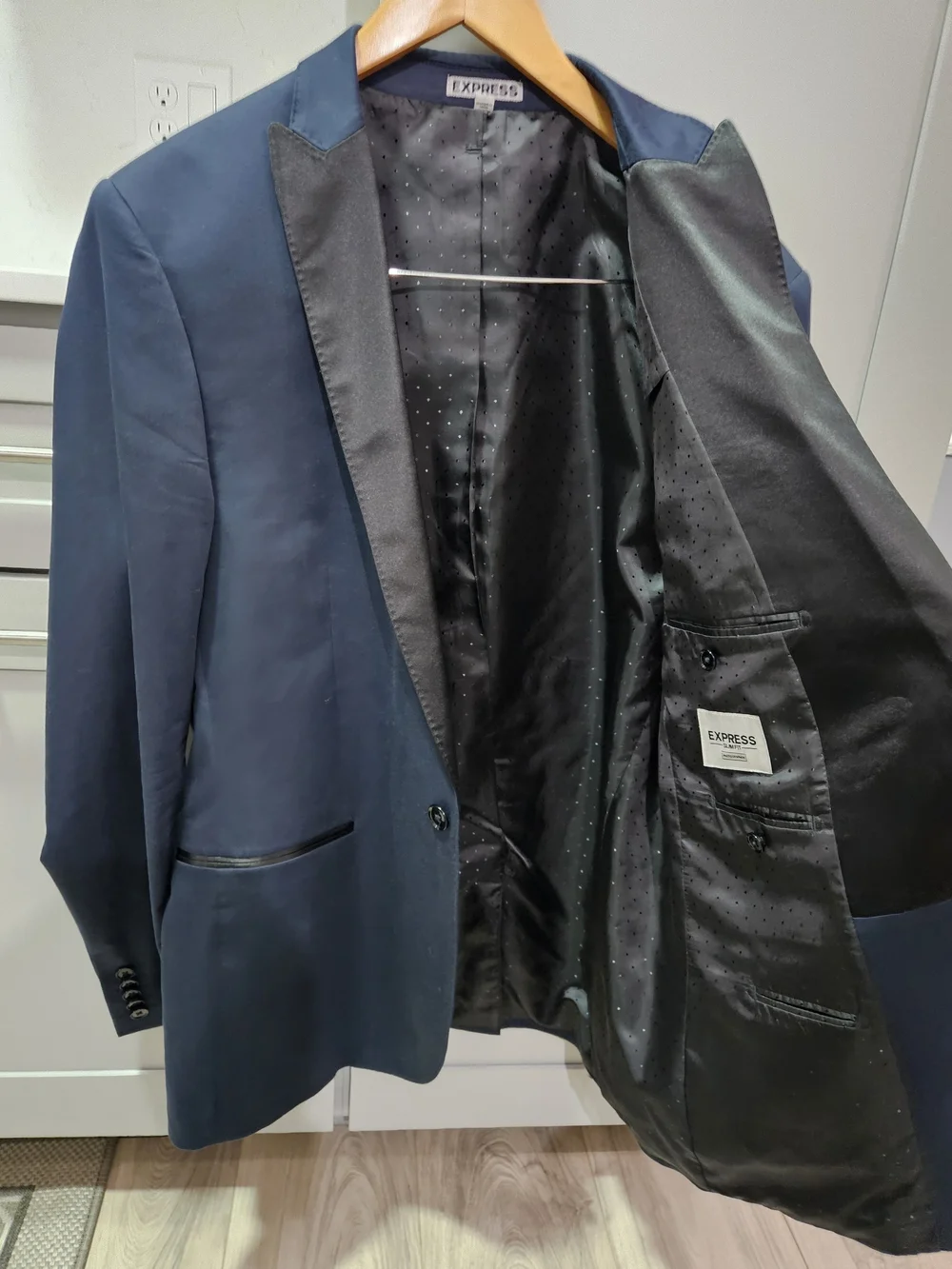 Express Men's Navy Blazer with Black Satin Lapel